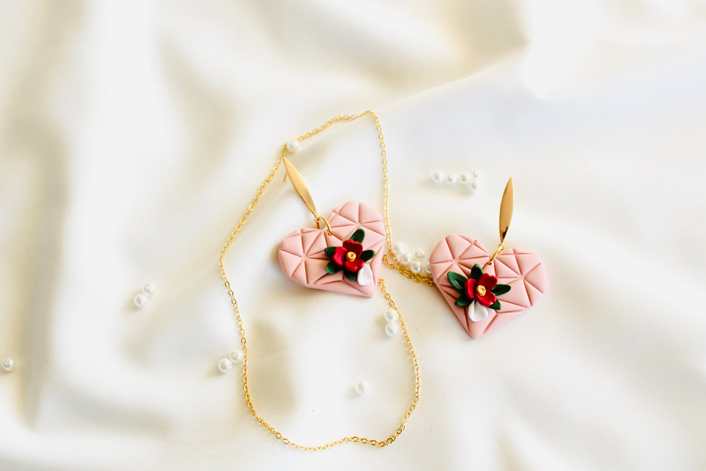 pink heart earrings | valentine heart floral earrings
