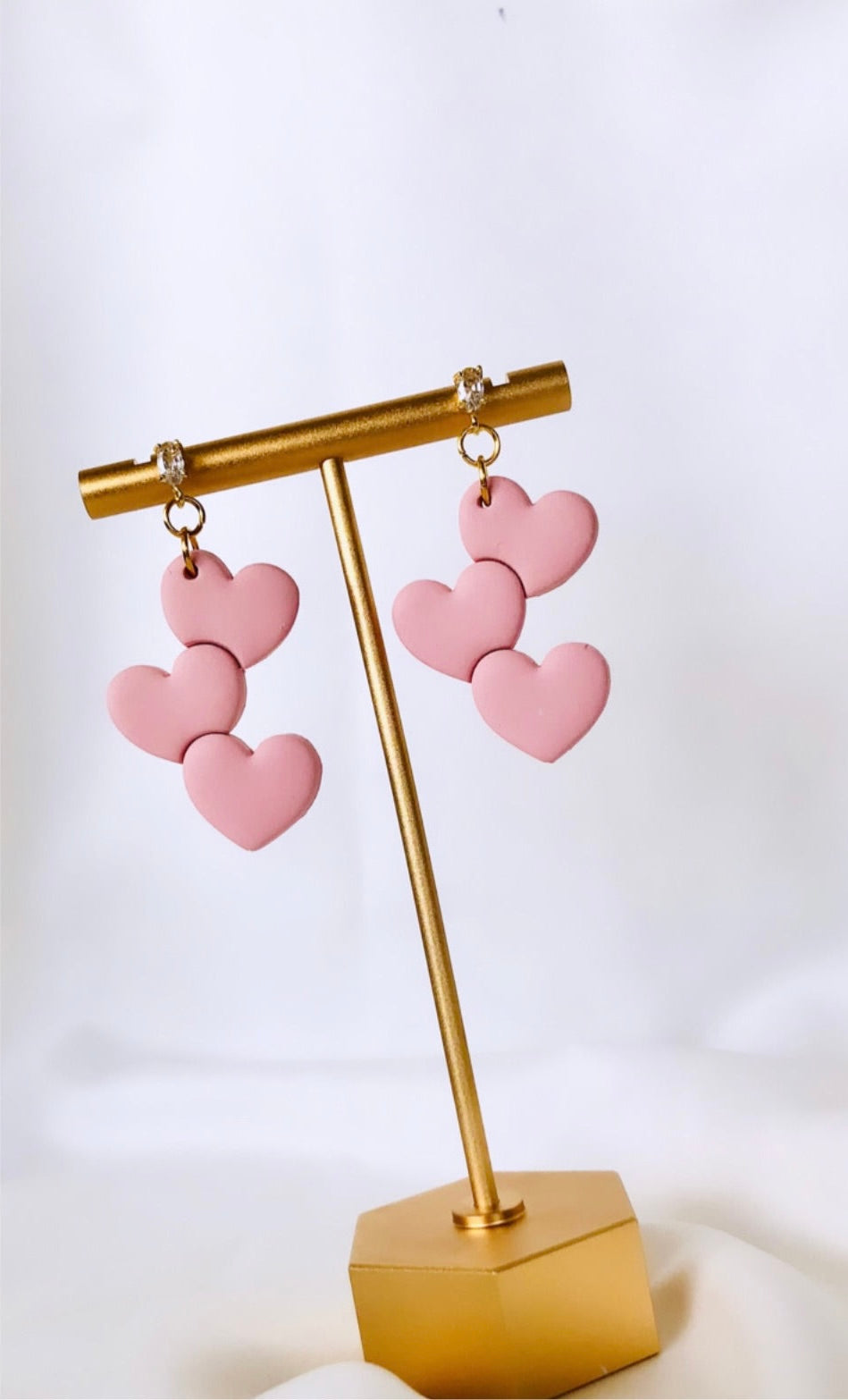 Valentines heart earrings, three pink heart clay earrings , valentines love Dangles , woman’s day clay earrings