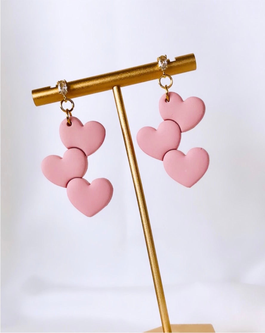 Valentines heart earrings, three pink heart clay earrings , valentines love Dangles , woman’s day clay earrings
