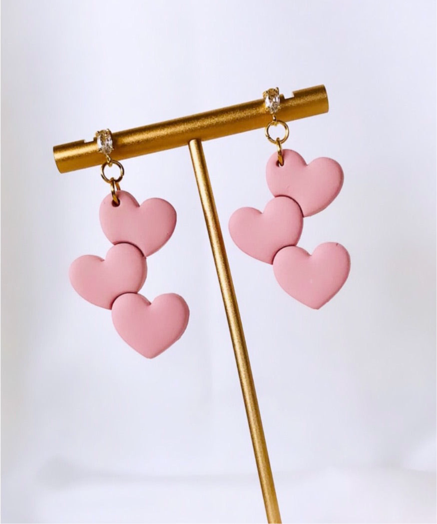 Valentines heart earrings, three pink heart clay earrings , valentines love Dangles , woman’s day clay earrings