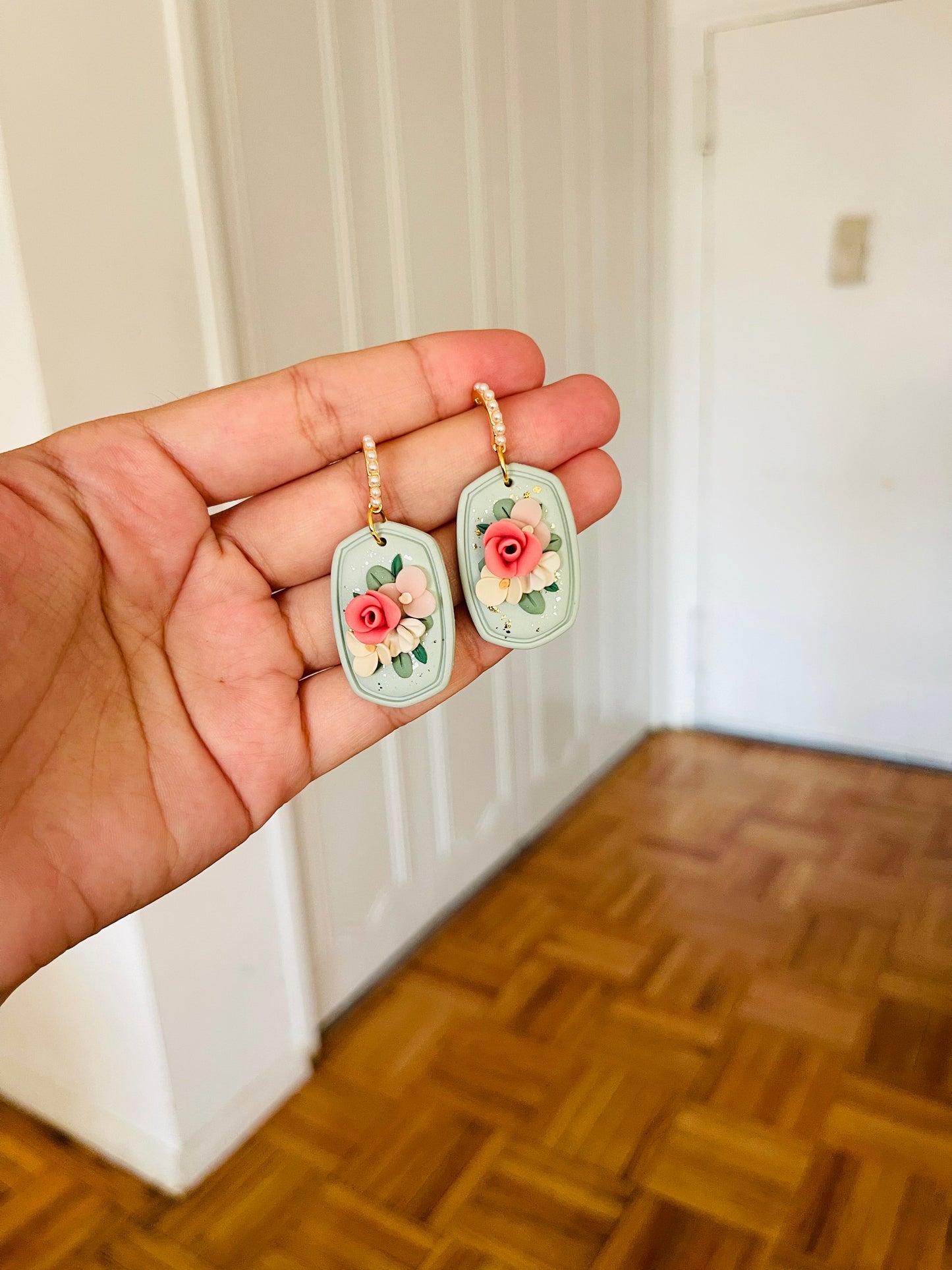 Pastel floral pearl hoop earrings