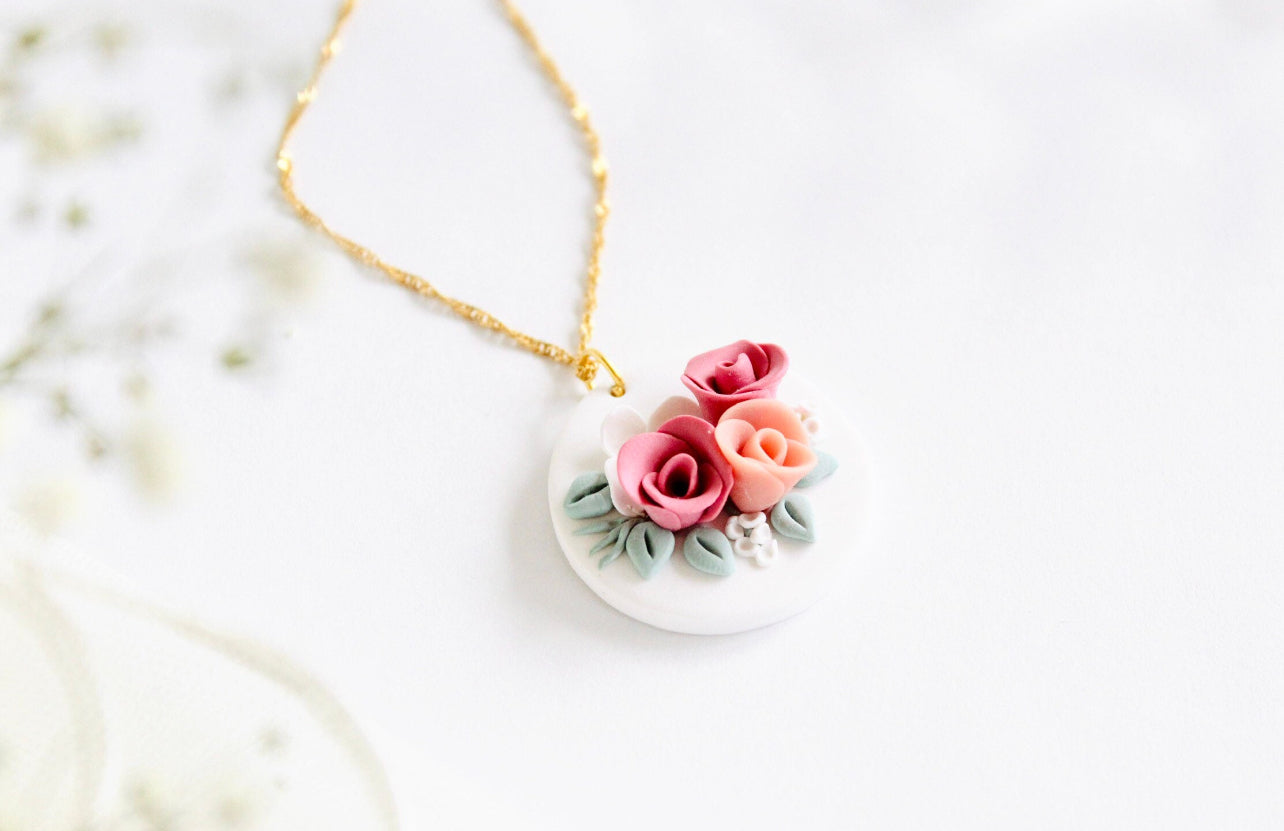 Dusty rose Floral clay pendant gift for mom | Mother’s Day gift pendant | floral bridal pendant | Delicate pendant with miniature roses