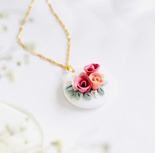 Dusty rose Floral clay pendant gift for mom | Mother’s Day gift pendant | floral bridal pendant | Delicate pendant with miniature roses