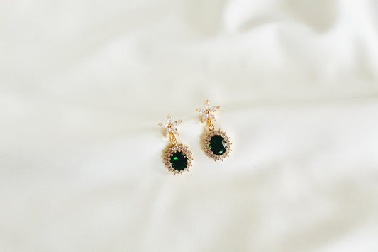 Emerald floral charm earrings gold plated