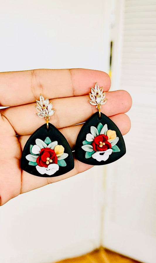 Black floral bridal earrings