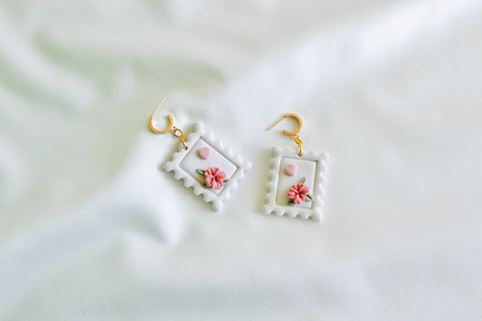 Love post stamp Heart floral Hoops polymer clay  | Stamp Clay Earrings | pink floral love stamp Clay Earrings | Valentines Day love Earrings