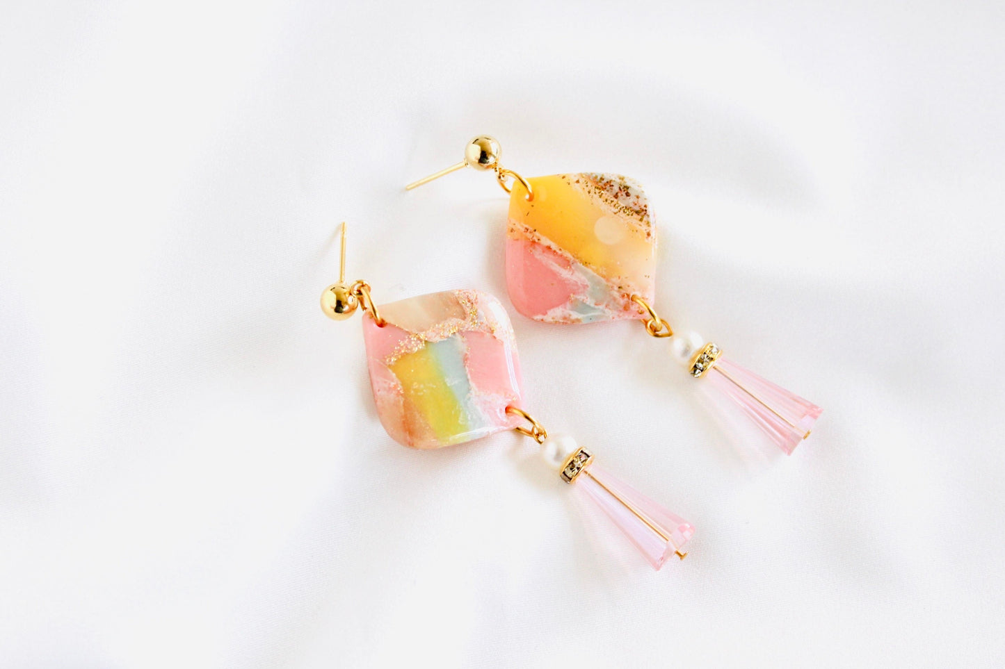 Marble clay earrings | pink and gold marble diamond shape polymer clay earrings | resin clay earrings pink | beaded earrings