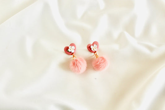 Valentines heart earrings, pink  floral heart with pom Pom clay earrings , valentines love Dangles , valentines gift for her , clay heart earrings