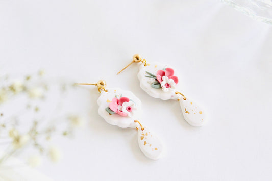 Spring Flowers Bouquet polymer clay earrings in white | Wedding Clay Earrings| delicate dainty floral clay jewelry spring clay earrings