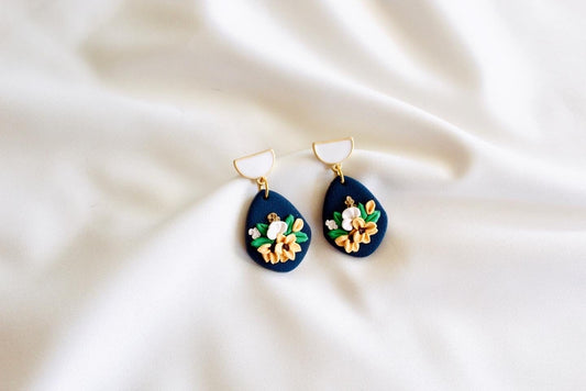 Clay earrings | navy blue flower clay earrings | floral clay earrings | sunflower clay earrings | valentines clay earrings | Disney earrings