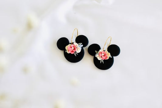 Mouse hoop clay earrings | black polymer clay earrings | floral hoop clay earrings | Disney inspired Halloween mouse flower clay earrings