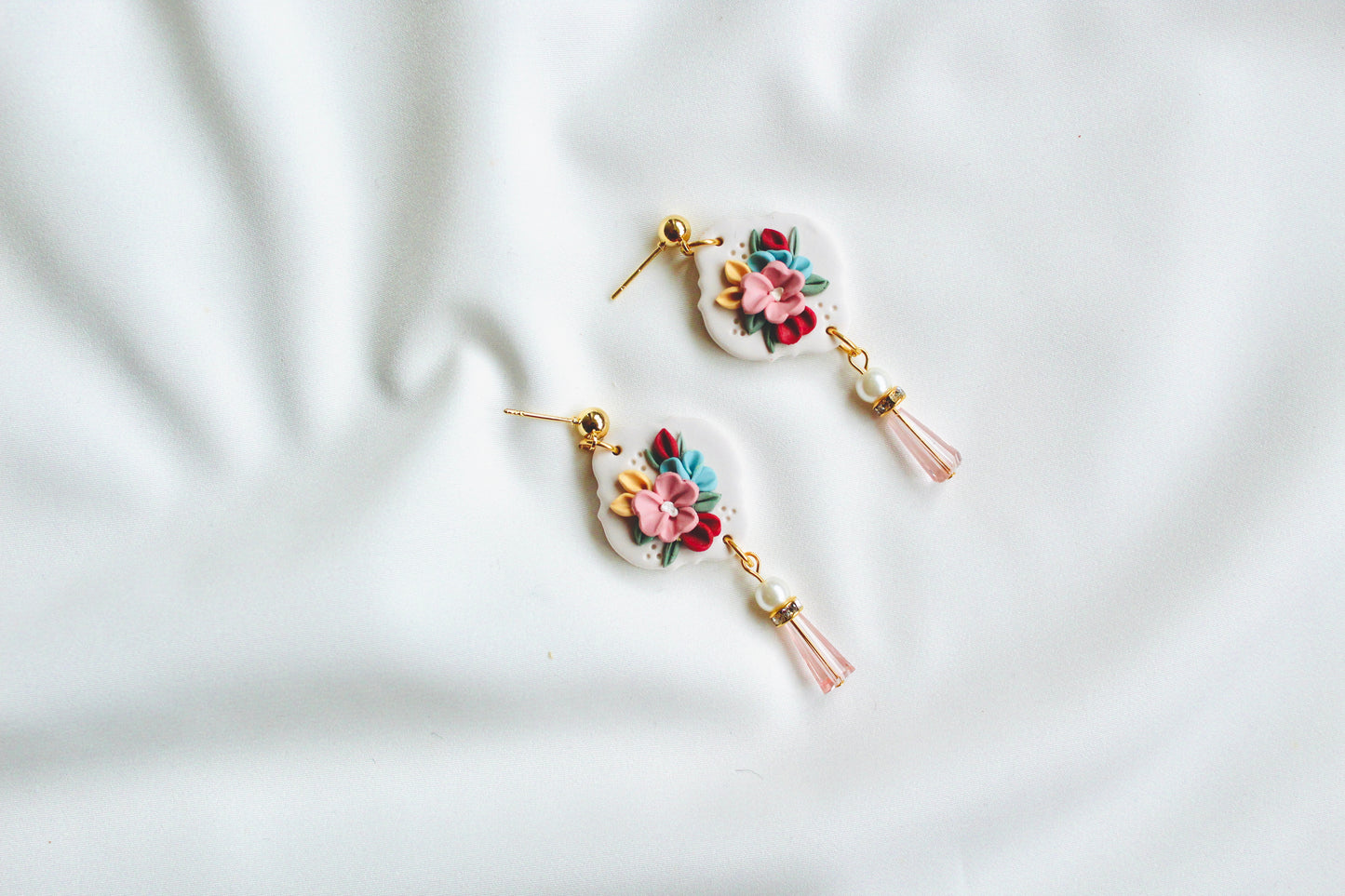 Floral Statement earrings with pink crystal bead for spring