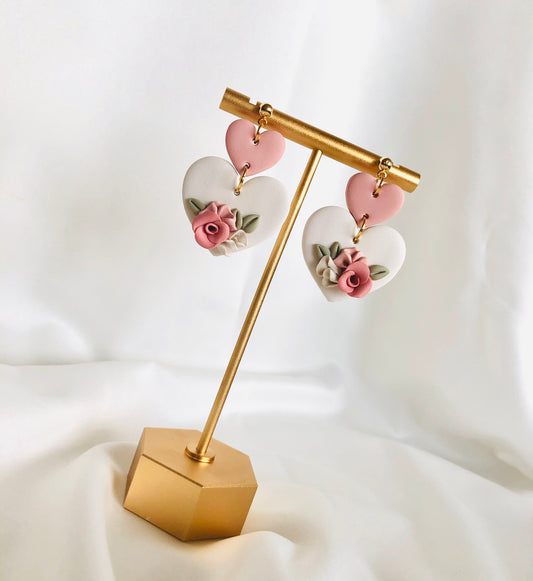 Valentines heart earrings, dusty pink floral heart clay earrings , valentines love Dangles , valentines gift for her , clay heart earrings
