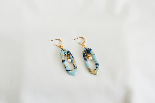 Blue marble gold pearl hoop earrings