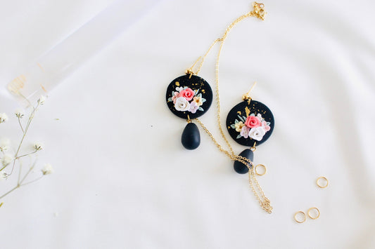 Embellished rose Bouquets in black| bridal clay earring | Floral clay earrings | polymer clay beaded earrings | Disney inspire clay dangles