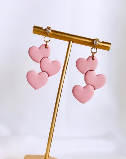 Valentines heart earrings, three pink heart clay earrings , valentines love Dangles , woman’s day clay earrings