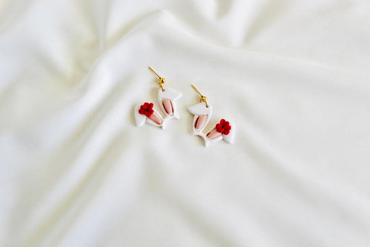 Bunny floral ear earrings , Alice in wonderland red rabbit earrings