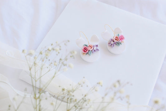 Easter white bunny floral hoop clay earrings , spring easter bunny earring , peep floral hoop clay earring , easter bunny gift, clay earring