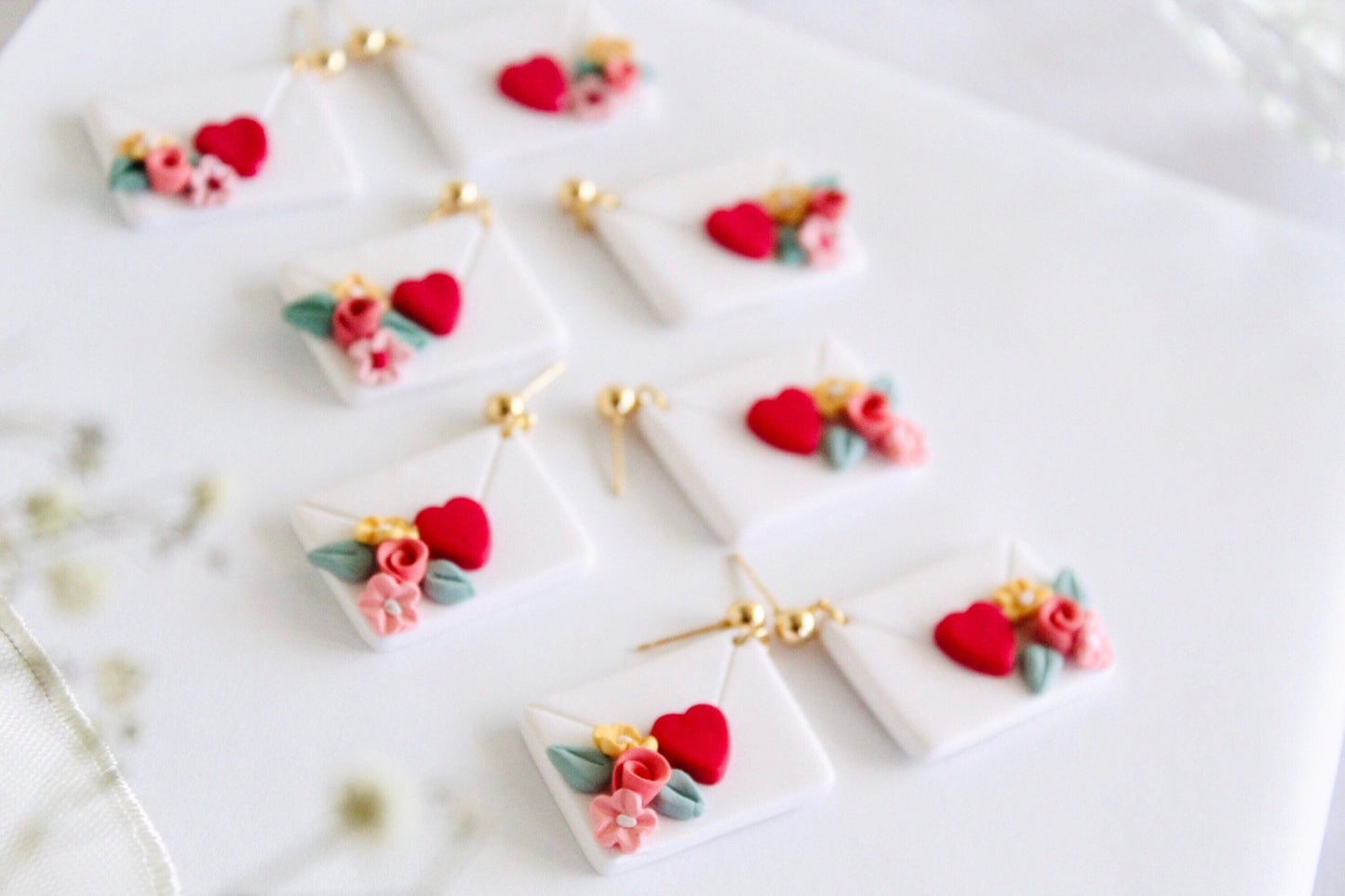 Valentines clay earrings love envelope Stamp Clay Earrings | pink floral love letter Clay Earrings | Valentines Day love Earrings
