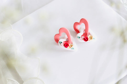 heart hoop valentine clay earring | heart chain link clay earrings , floral valentine hoop clay Earrings, valentine Clay Earrings