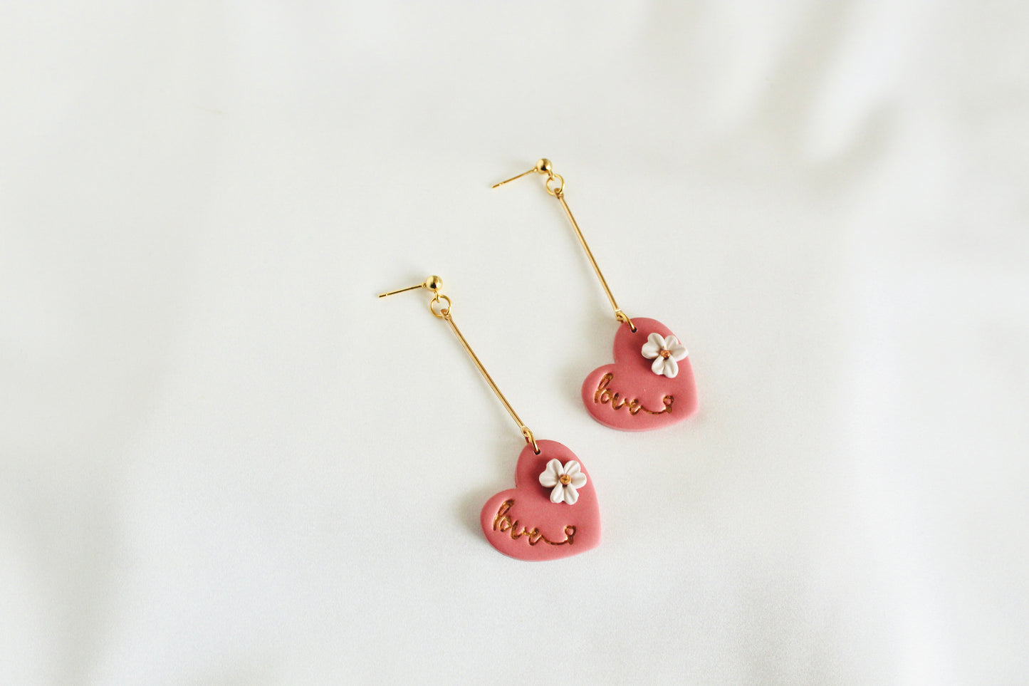 Valentines heart earrings, Embossed heart love stamp clay pink heart clay earrings , valentines love Dangles , floral clay earrings