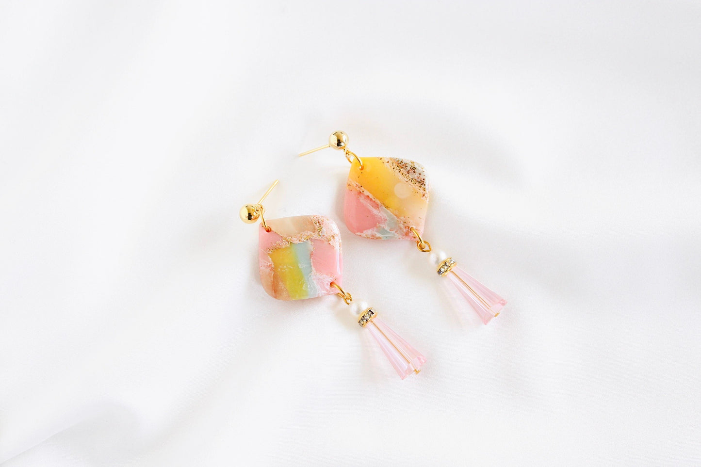 Marble clay earrings | pink and gold marble diamond shape polymer clay earrings | resin clay earrings pink | beaded earrings