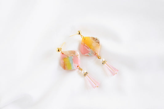 Marble clay earrings | pink and gold marble diamond shape polymer clay earrings | resin clay earrings pink | beaded earrings