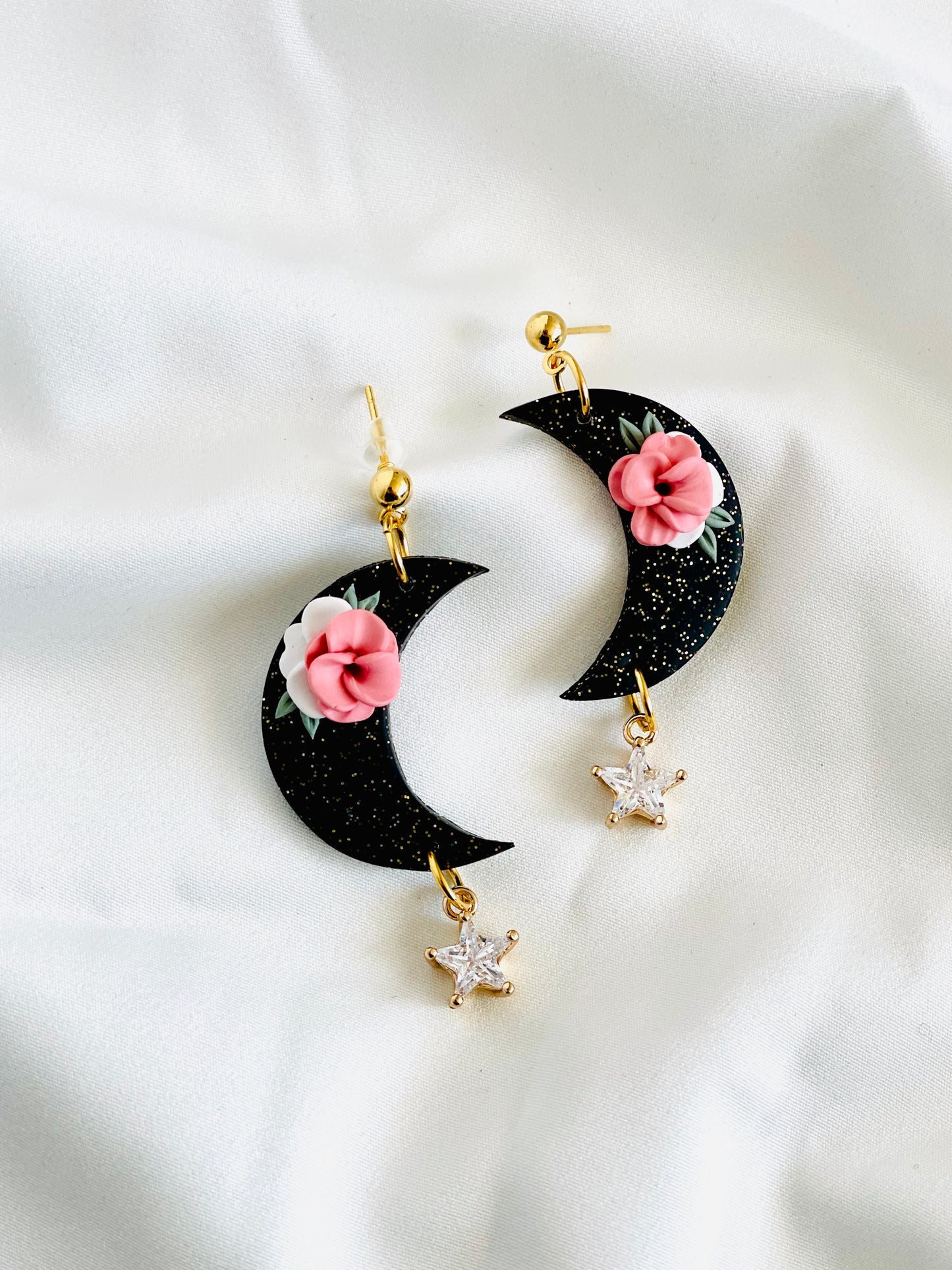 moon polymer clay earrings| floral clay earring | valentines clay earrings |floral moon Clay Earring | Disney clay earring