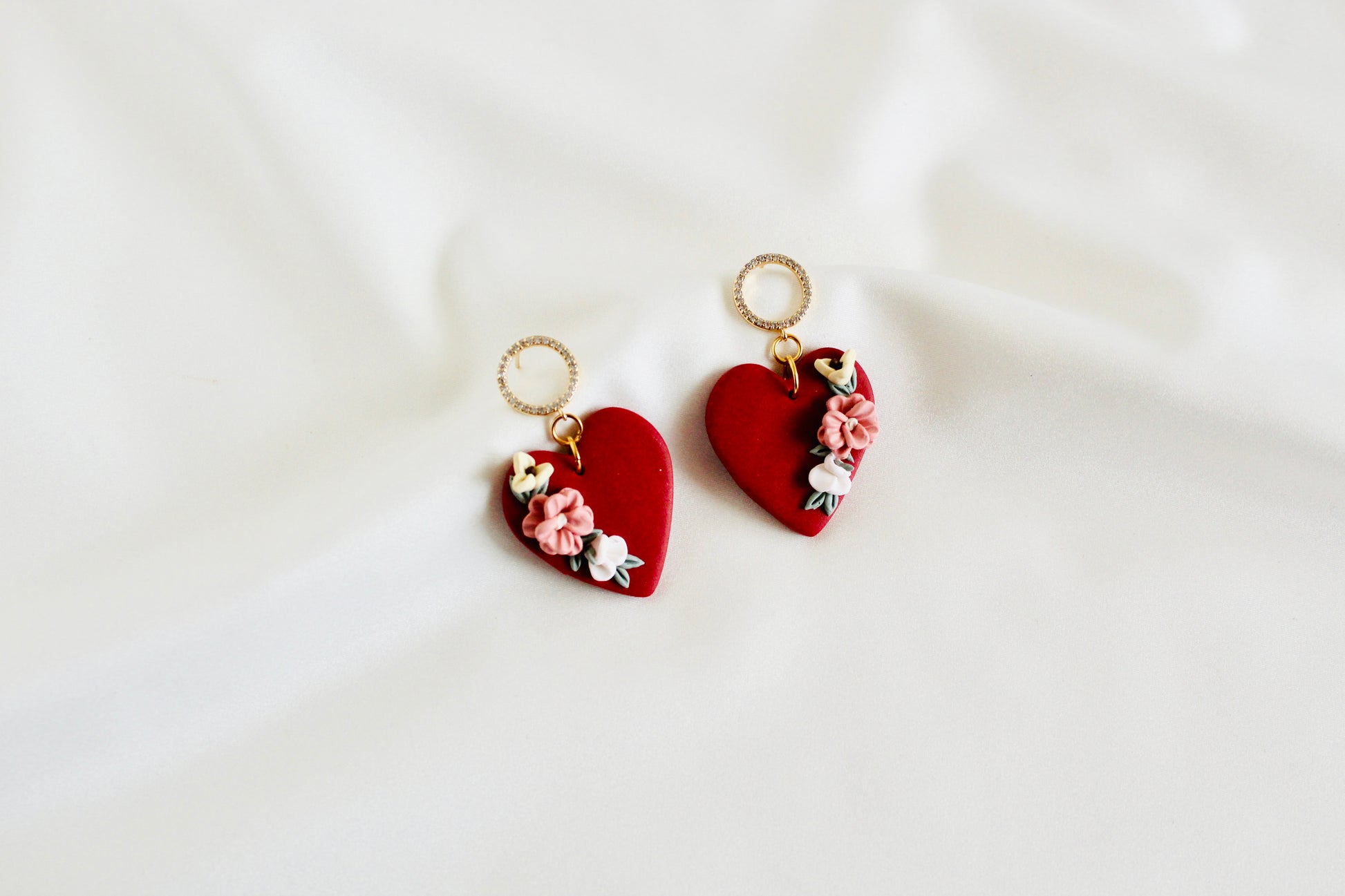Valentines heart earrings, Red floral heart clay earrings