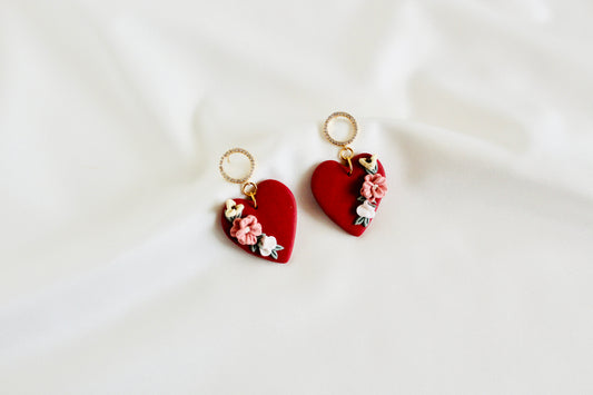 Valentines heart earrings, Red floral heart clay earrings , valentines love Dangles , valentines gift for her , clay heart earrings